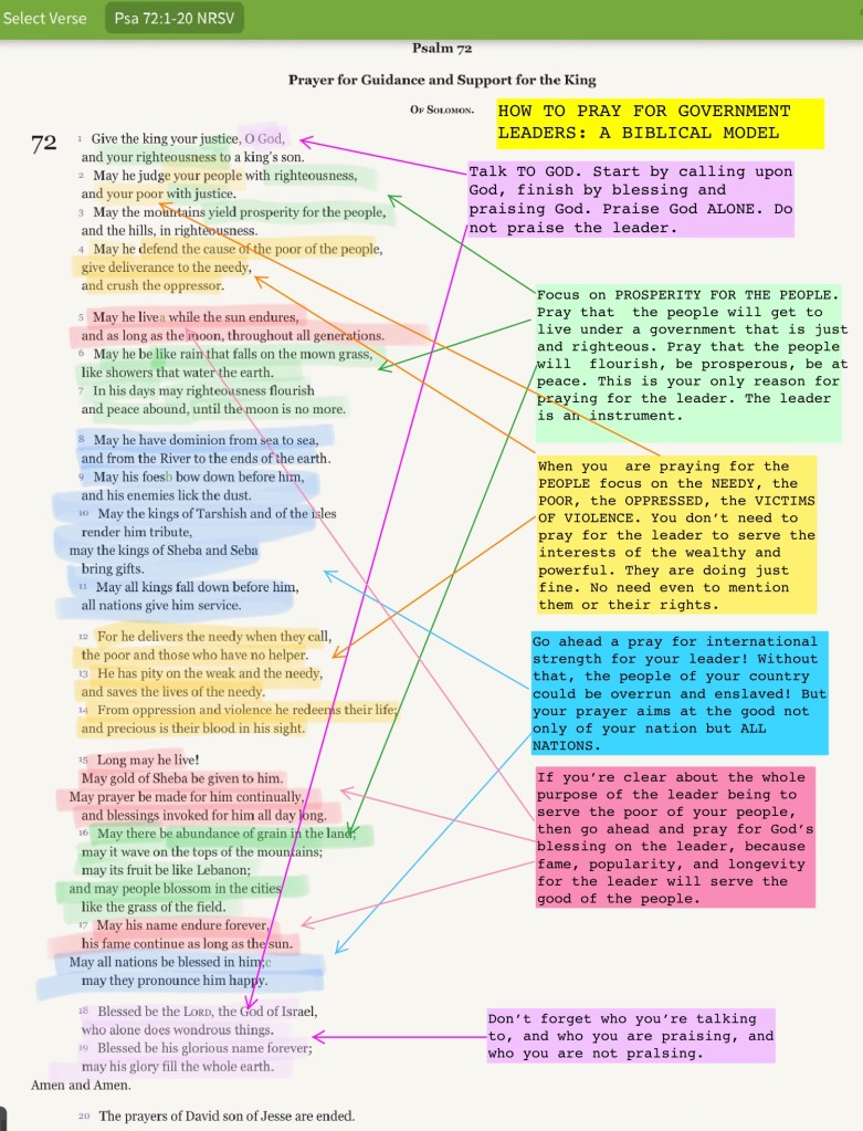 HOW TO PRAY FOR GOVERNMENT LEADERS: A BIBLICAL MODEL
(Annotations on Psalm 72)
Talk to God. Start by calling upon God, finish by blessing and praising God. Praise God ALONE. Do not praise the leader.
Focus on PROSPERITY FOR THE PEOPLE. Pray that the people will get to live under a government that is just and righteous. Pray that the people will flourish, be prosperous, be at peace. This is y our only reason for praying for the leader. The leader is an instrument.
When you are praying for the PEOPLE focus on the NEEDY, the POOR, the OPPRESSED, the VICTIMS OF VIOLENCE. You don't need to pray for the leader to serve the interests of the wealthy and powerful. They are doing just fine. No need even to mention them or their rights.
Go ahead and pray for international strength for your leader! Without that, the people of your country could be overrun and enslaved! But your prayer aims at the good not only of your nation but ALL NATIONS.
If you're clear about the whole purpose of the leader being to serve the poor of your people, then go ahead and pray for God's blessing on the leader, because fame, popularity, and longevity for the leader will serve the good of the people.
Don't forget who you're talking to, and who you are praising, and who you are not praising.